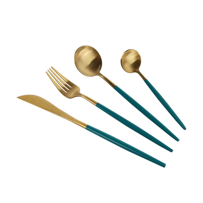 Green Handle Nordic Style 16pcs Flatware Set with Round Spoon Gold PVD