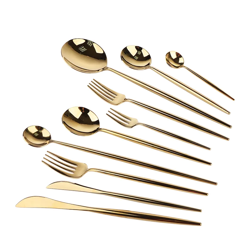 40 Pcs Gold PVD Stainless Steel Cutlery Set Luxury Long Handle Knife Fork Spoon Flatware Set Wedding Hotel Tableware Silverware Set  18/10 Stainless Steel, 420 stainless steel