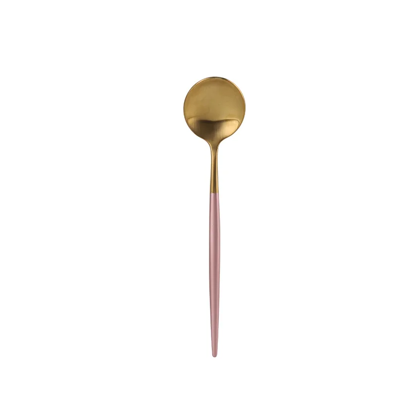 Korea Style Hand Painted Pink Color Handle 410ss Golden Soup Spoon Gold PVD